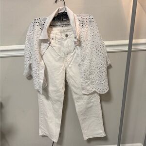 SHEIN White Eyelet Jacket and Pants Ensemble